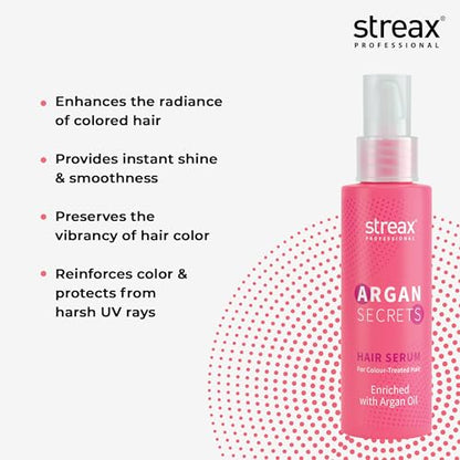 Streax Professional Argan Secrets Colour Protect Hair Serum for Women | Enriched with Argan Oil & UVe & Smoothness | Enhances Radiance of Hair | 100ml