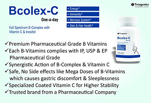 Trexgenics Bcolex-C One-a-day Complete B-Complex with B12-Vit.C-Inositol 100mg , Energy, Immunity & Nervous System (60 Veg Caps)