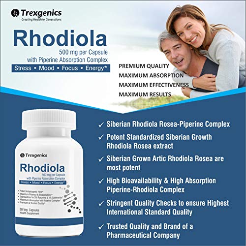 Trexgenics Rhodiola Rosea Standardized 500mg Premium Adaptogen Complex with Piperine (60 Veg.Capsules) (1)