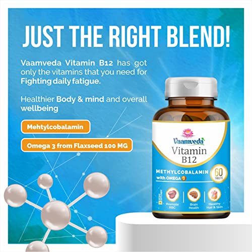 Vaamveda Vitamin B12 Omega 3 | Soy, Wheat & GMO Free Vegan Vitamin B12 Tablets Supplements from Methmin | No Doctor Prescription Required - 60 Veg Tab