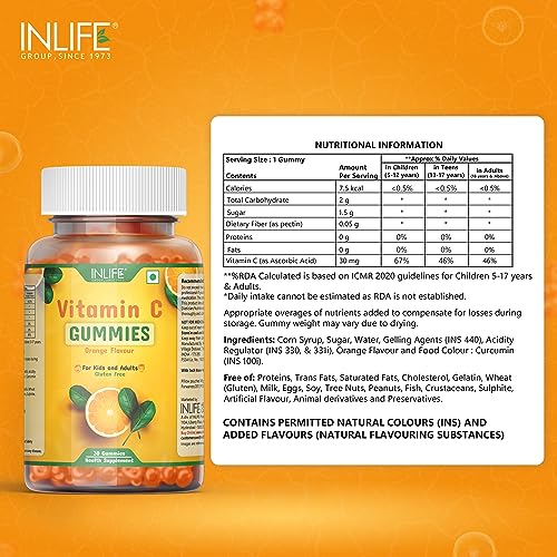 INLIFE Vitamin C Gummies for Kids Teens Men & Women, Daily Essential Supplements for Immunity Boosteir Care, Collagen Builder - 30 Gummies (Pack of 1)