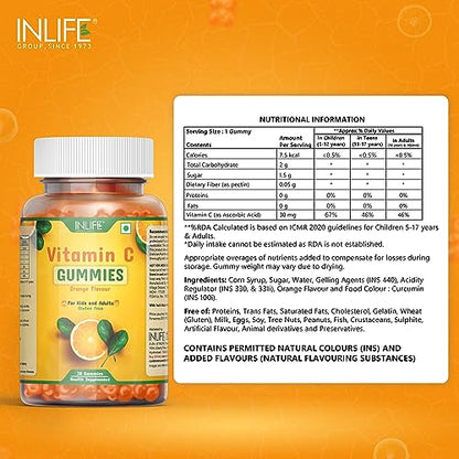 INLIFE Vitamin C Gummies for Kids Teens Men & Women, Daily Essential Supplements for Immunity Boosteir Care, Collagen Builder - 30 Gummies (Pack of 1)