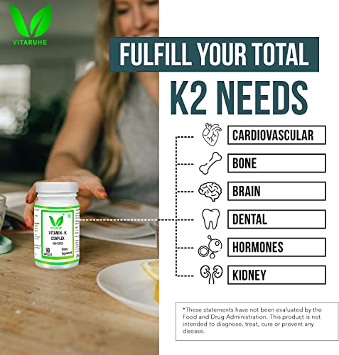 VITARUHE Vitamin K Complex, High Dose K1 + K2 Menaquinone High Strength & Vegan (MK4 +MK7), 90 Caps Bioavailability, Supplement Without Additives (2)