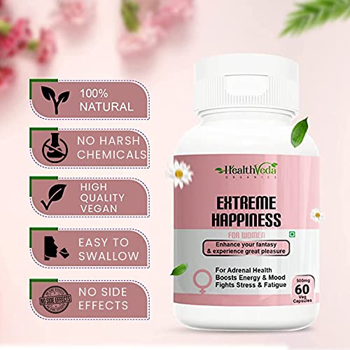 Health Veda Organics Extreme Happiness 500 mg I 60 Capsules I Enhances Immunity & Improves Energy Levels I Boosts Stamina I Only for Women