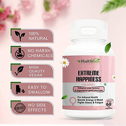 Health Veda Organics Extreme Happiness 500 mg I 60 Capsules I Enhances Immunity & Improves Energy Levels I Boosts Stamina I Only for Women