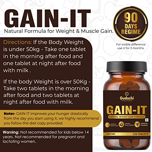 Guduchi the ayurvedism GAIN-IT Tablets for Fast Weight & Muscle Gain and Bone Strength | 500mg Tablets - 120 Tabs