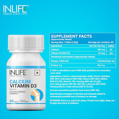 INLIFE Calcium and Vitamin D3 Tablets for Men Women | Calcium Carbonate Supplement for Bone and Joint Support - 60 Tablets (Pack of 2, 120)