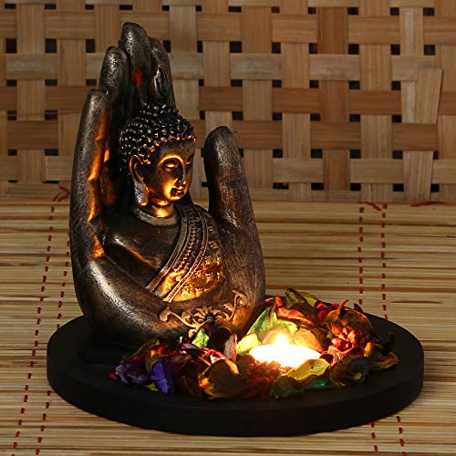 eCraftIndia Copper Finish Handcrafted Palm Buddha Decorative Showpiece with Wooden Base, Fragranced Petals and Tealight