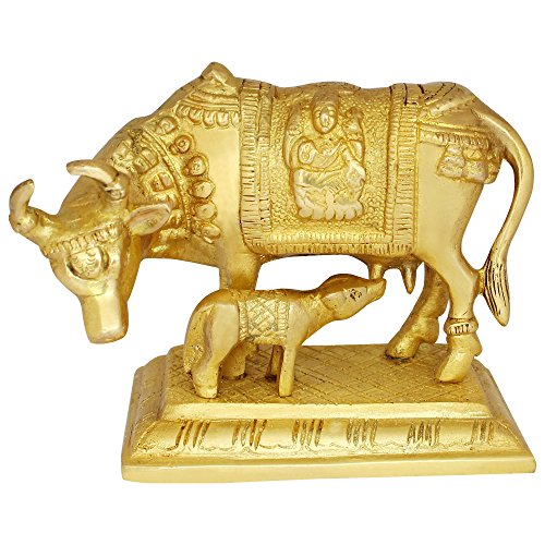 ITOS365 Showpieces for Living Room Brass Metal Kamdhenu Cow with Calf Statue Home Decoration Gifts