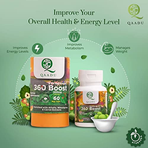 QAADU 360 BOOST Multivitamin Capsules for Men & Women, Ayurvedic Health Supplement with Ashwagandha, Triphala, Brahmi, Giloy – 60 Vegan Capsules