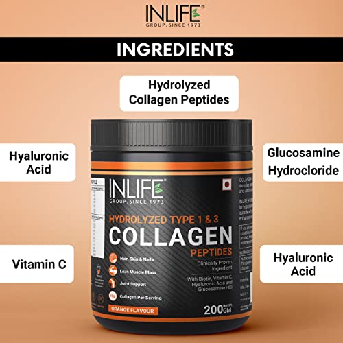 INLIFE Hydrolyzed Collagen Peptides Powder Supplements Type 1 and 3, Biotin, Vitamin C, Hyaluronic Acid, Glucosamine, Skin Health - 200g (Orange)