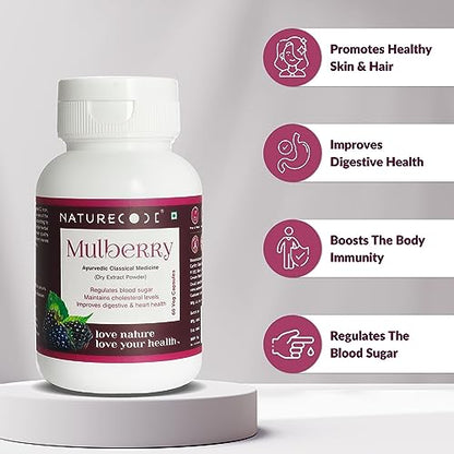 Nature Code Mulberry Extract 450MG Capsules to Supports in maintains cholesterol levels, digestive & heart health Natural 60 Veg Capsules.