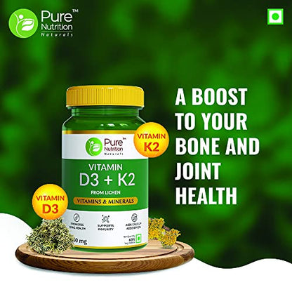 Pure Nutrition Naturals Vitamin D3 Plus K2, Vitamin D3 (600 IU) Supplement for Strong Bones - 60 Veg Tablets