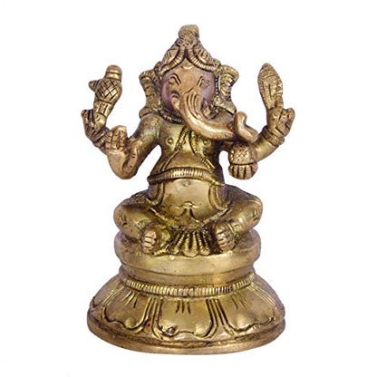 Collectible India Brass Lord Ganesha Statue murti God Ganesh Ganpati Sitting Idol Sculpture Good Luck & Success(Size: 3 x 2.5 Inches)