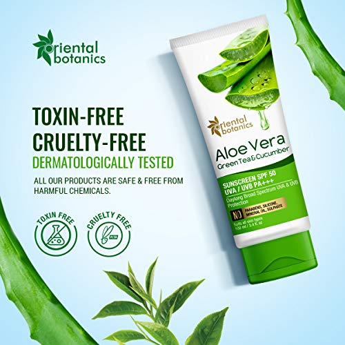 Oriental Botanics Aloe Vera, Green Tea & Cucumber Cream Sunscreen SPF 50, 100 ml | Infused with Aloeects Skin | No Parabens & Sulphates | Cruelty Free