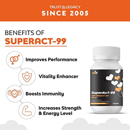 SUPER ACT 99 - Ayurvedic Vitality Capsules | Stamina Booster For Men | Enhances Performance | Enrichlieves Stress & Anxiety | Natural & Safe | 30 Caps