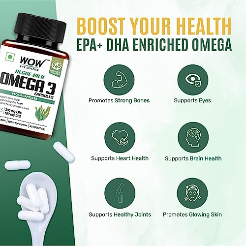 WOW Life Science Algae-Rich Omega 3 Capsules-Pack of 60 Vegetarian Capsules - EPA + DHA Enriched Vegan Capsules