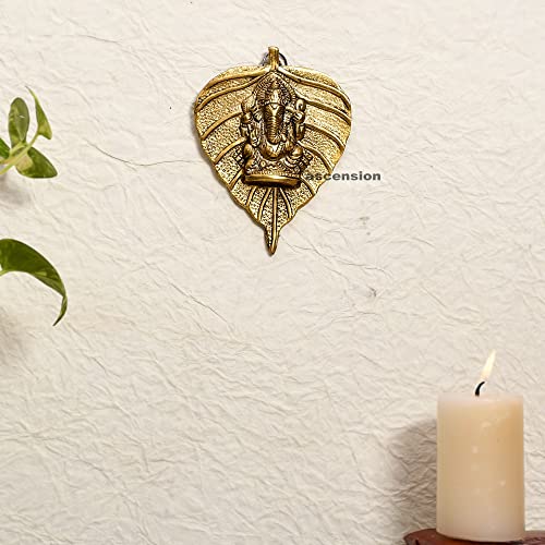 ascension Ganpati Metal Green Lord Leaf Ganesh Idol Patta Statue Decorative Wall Hanging Showpiece Figurine (Golden) (Small)