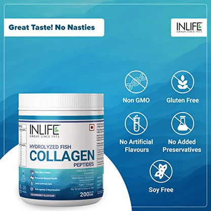 INLIFE Hydrolyzed Marine Fish Collagen Peptides Powder, Supplement for Skin Hair, Type 1 Collagen, 200 gm (Blueberry)