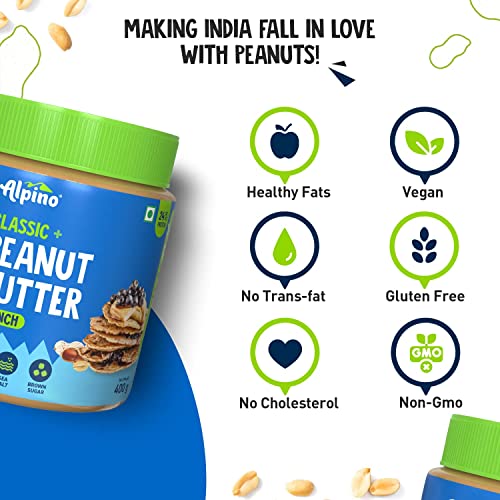 Alpino Classic Peanut Butter Crunch 400 G | 90% Roasted Peanuts | High Protein Peanut Butter Crunchy | Gluten-Free | Vegan