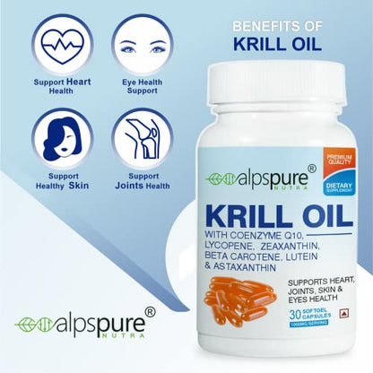 Alpspure Nutra Krill Oil 1000 mg Softgel Capsules | Krill Oil supplement Supports Heart, Joints, Skin & Eyes health (pack of 1)