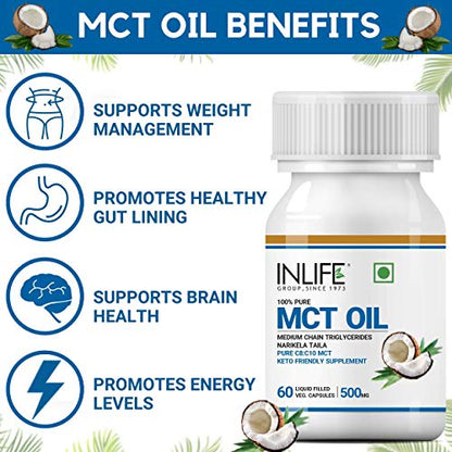 INLIFE Pure MCT Oil C8 C10 Keto Diet Friendly Advanced Products, Weight & Fat Management Food Supplement, 500mg - 60 Veg Caps