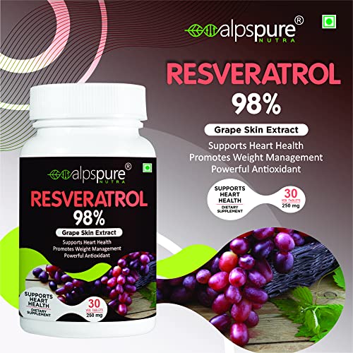 Alpspure Nutra Resveratrol 98% (Grape Skin Extract), 30 Tablets |Supports Heart Health and Weight Ma Anti-ageing & Anti-inflammatory | For Men & Women