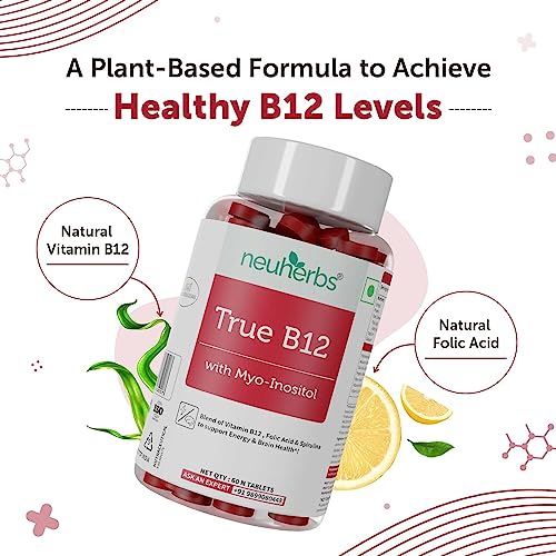 Neuherbs Plant-Based True B12 Supplements For Men & Women | With Myo-inositol, Folic Acid & Spirulinrgy, Brain Health & Better Absorption (60 Tablets)