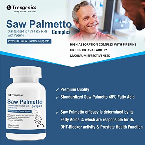 Trexgenics Saw Palmetto Advanced - High Strength 45% Complex 550 mg with Bio-enhancer Piperine - Hair DHT Blocker & Prostate Support (60 Veg Capsules)