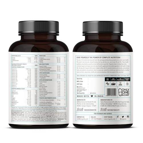 Zingavita Multivitamin Tablets for Men with 47 Essential Vitamins, Omega 3, Calcium, Zinc & Magnesiut Immunity, Strengthen Bones & Joints - 60 Tablets