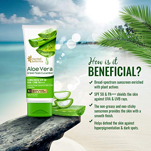 Oriental Botanics Aloe Vera, Green Tea & Cucumber Cream Sunscreen SPF 50, 100 ml | Infused with Aloeects Skin | No Parabens & Sulphates | Cruelty Free