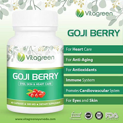 Goji Berry - Pure Natural - 500 mg, 60 Capsules Pack (Pack of 1)