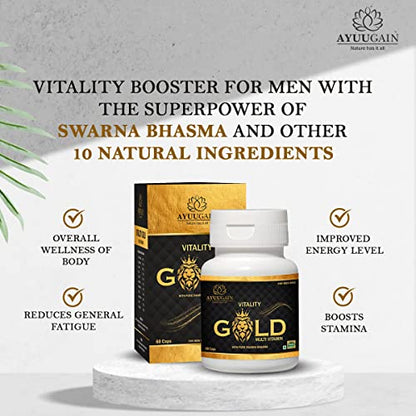 Ayuugain Vitality Gold Capsule with Swarna Bhasma, Shilajit, Safed Musli, Akarkara, Kesar, Jai Phal, Chandan, Vati, Konch Beej - 60 Caps