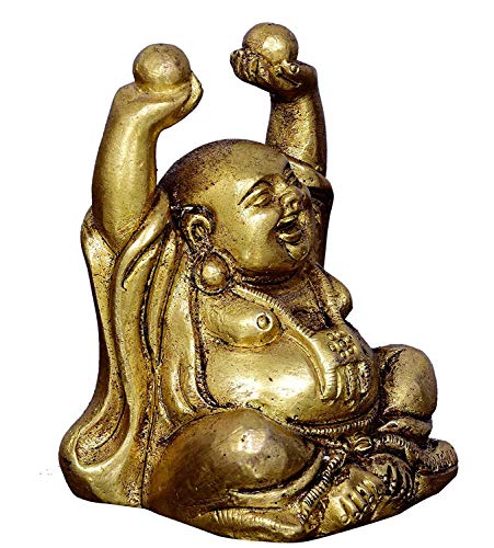 Skywalk Solid Brass Metal Harbinger of Wisdom and Wealth Vintage Laughing Buddha Statue (5 x 4 x 6.5 cm, Gold)