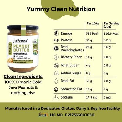Jus' Amazin Creamy Organic Peanut Butter - Unsweetened (500g) | 31 % Protein | Single Ingredient - 100% Organic Peanuts | Vegan | Dairy Free | Keto