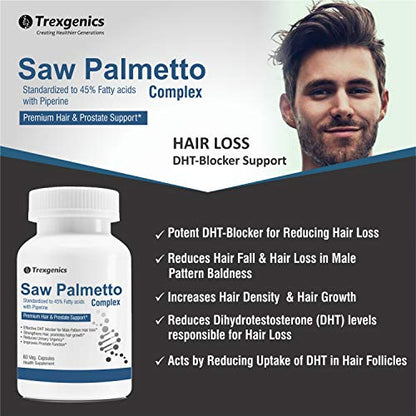 Trexgenics Saw Palmetto Advanced - High Strength 45% Complex 550 mg with Bio-enhancer Piperine - Hair DHT Blocker & Prostate Support (60 Veg Capsules)