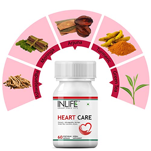 INLIFE Heart Care Supplement, Arjuna,Moringa,Ashwagandha,Green Tea,Curcumin - 60 Veg Capsules