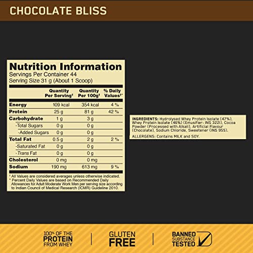 Optimum Nutrition Gold Standard 100% Isolate 3 lbs, 1.36 kg (Chocolate Bliss), for Muscle Support & Recovery