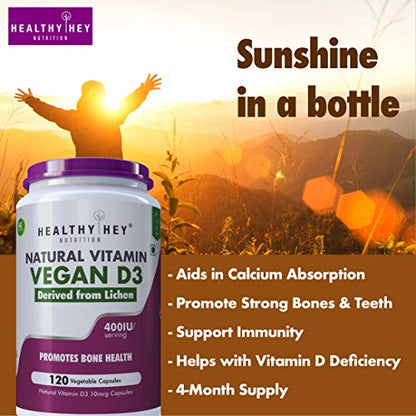 HealthyHey Vegan Vitamin D3 - Natural Plant Based - Non GMO - Gluten Free - 400 IU 120 Veg Capsules