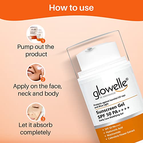 Glowelle Sun Protective Sunscreen Gel Spf 50 PA++++ UV Rays & Blue Light Protection Sunscreen Body Lion | Suitable for Dry, Normal & Oily Skin - 50 Ml