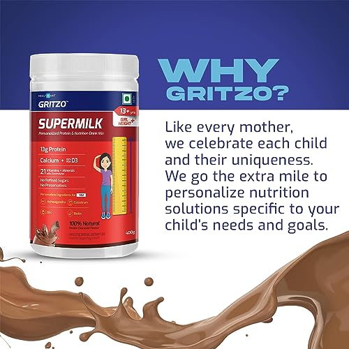 Gritzo Supermilk Height+ For 13+Y Girls,Personalized Health Drink For Kids, Double Chocolate,400 G,Powder