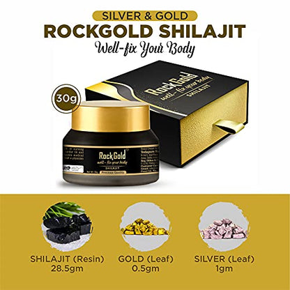 Rock Gold Pure Ayurvedic Shilajit Resin with Pure Gold & Silver/Authentic Trace Minerals Shilajeet - 30GM (Pack of 2)