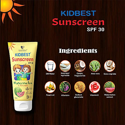 HealthBest Kidbest Sunscreen for Kids | SPF 30 UVA/UVB | Safe for Sensitive Skin | Tear, Paraben, SLS free | Watermelon Flavor | 100ml