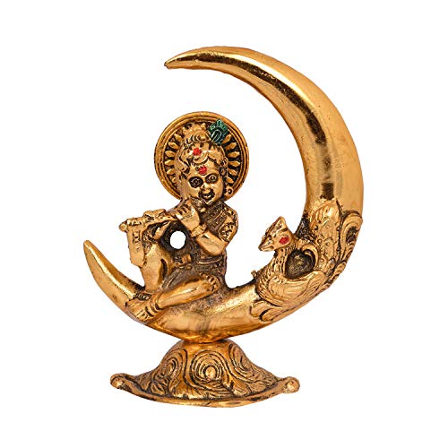 Collectible India Baby Krishna Idol Murti Statue for Home Puja Decor - Gold Plated Krishna Idols on Moon Showpiece Decorative Gifts Set (Set of 1)