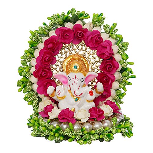 eCraftIndia Polyresin Lord Ganesha Idol on Handcrafted Green Floral Plate, God Idol for Car Dashboard, Home, Office Decor