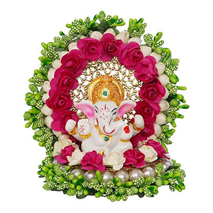 eCraftIndia Polyresin Lord Ganesha Idol on Handcrafted Green Floral Plate, God Idol for Car Dashboard, Home, Office Decor