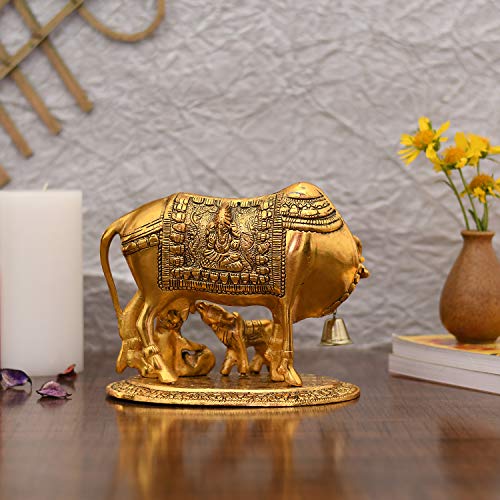 Collectible India Metal Kamdhenu Cow with Calf Showpiece, 7.5 x 7 x 5.5 Inches, Golden