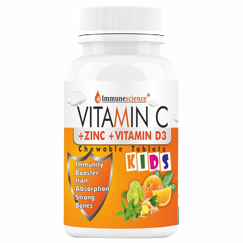 Immunescience Vitamin C Tablets For Kids with Zinc Supplements and Citrus Bioflavonoids, Immunity Borong Bones. Chewable Tablet Sugar Free-60 (orange)