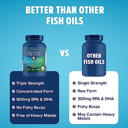 GNC Triple Strength Fish Oil Omega 3 Capsules for Men & Women | 60 Softgels | 900mg EPA & DHA | Imprtertaste | Supports Family Health | USA Formulated