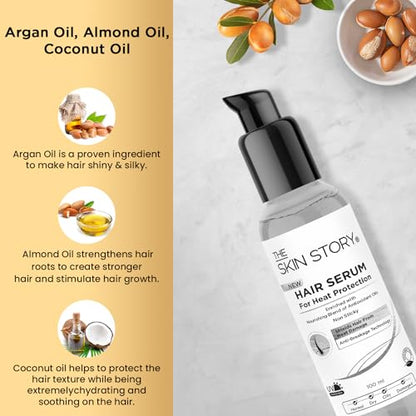 The Skin Story Heat Protection Serum | Upto 250°C Heat Defense | Shields Hair from Heat Damage | UV  Argan, Almond, & Coconut Oil | Paraben Free 100ml